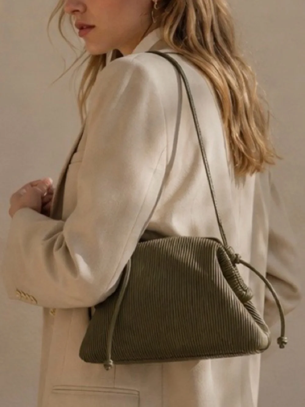 Luxury Pleated Shoulder Bag in Olive Khaki Modern Fashion Handbag